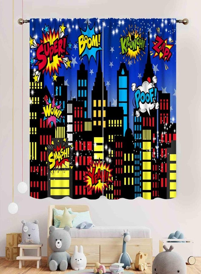 TKUYO Superhero City Curtains, Comic Night Starry Skyline Cityscape Buildings Comic Blackout Window Curtains for Boys Kids Baby Room Bedroom Living Nursery 2 Panel Sets, 42"x45" Inch - Image 3